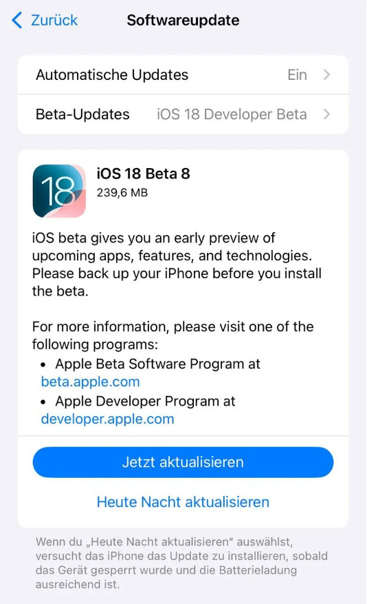 福山苹果手机维修分享苹果 iOS / iPadOS 18 开发者预览版 Beta 8 发布 